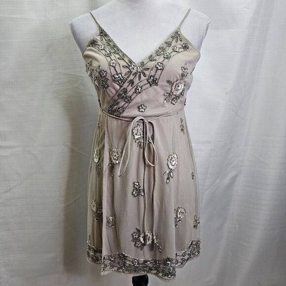 Altar'd State Champagne Beaded Sparkle Faux Wrap Mini Dress Size Small - Picture 12 of 12